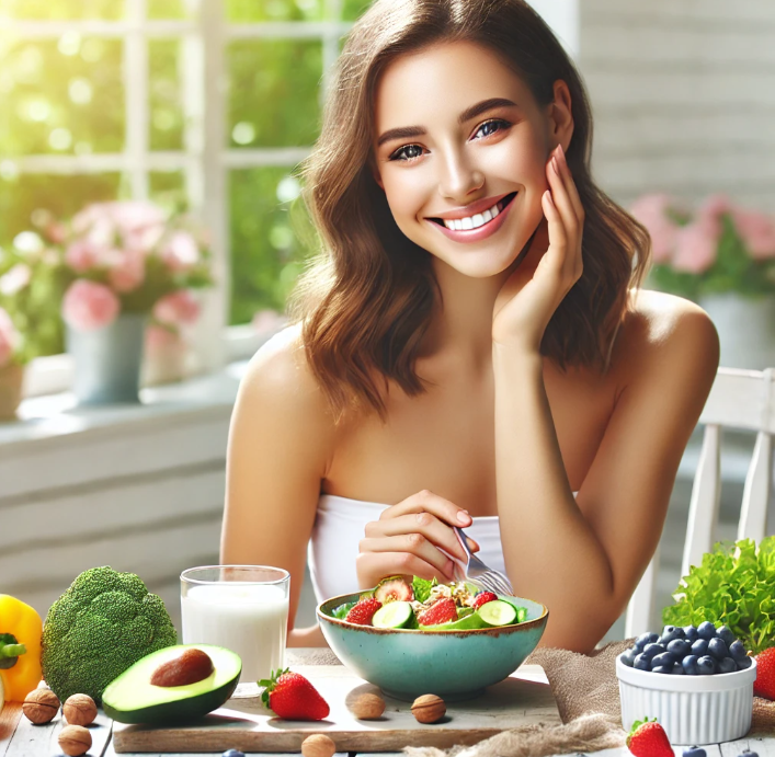 봄철 피부에 좋은 음식을 먹고 있는 예쁜 미인