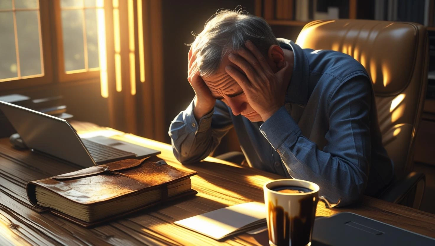 사무실 책상 앞에 앉아 두통과 피로로 고통스러운 표정을 짓는 직장인.