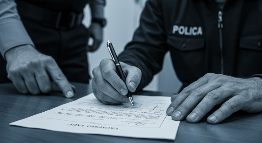 경찰의 압력 속에서 서류에 서명하는 문맹인 피해자 아버지의 모습