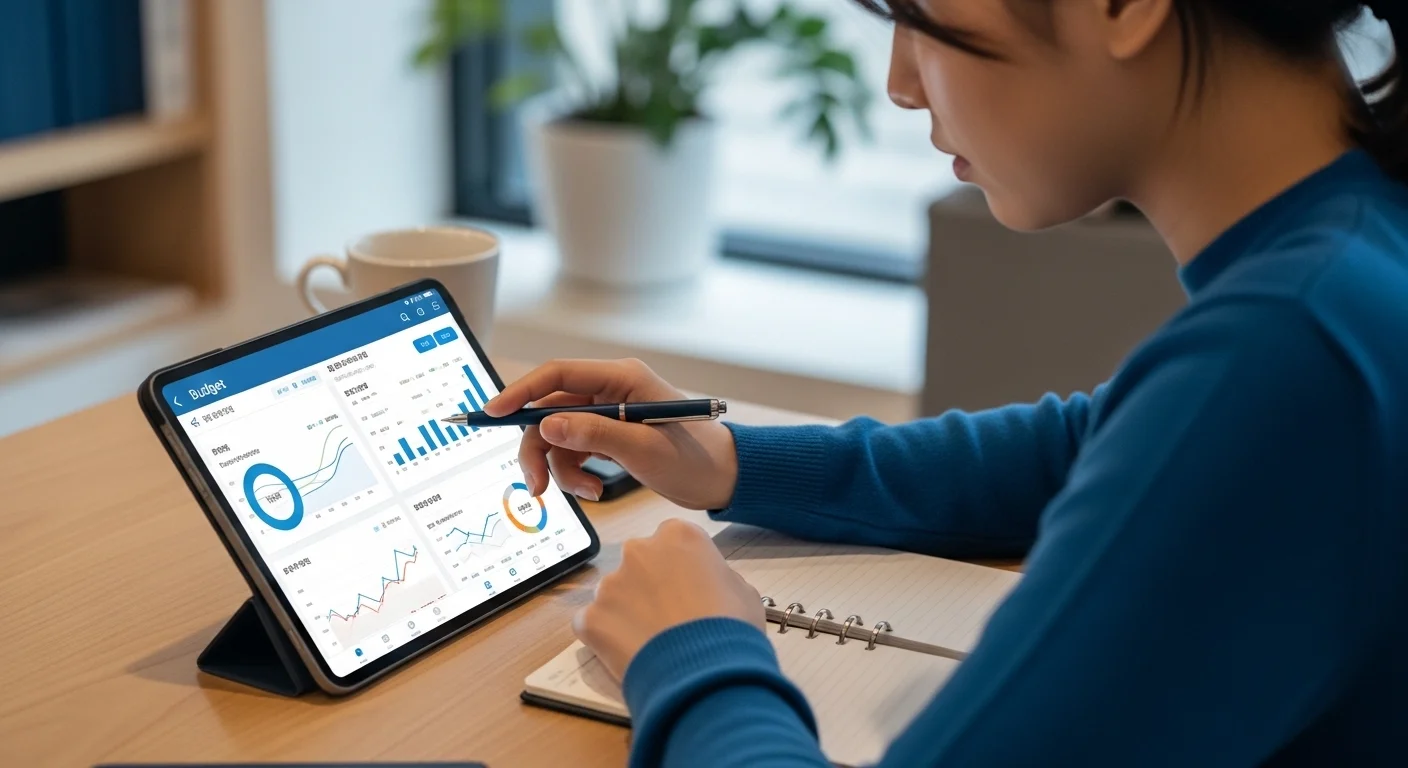 태블릿으로 가계부 앱을 활용하며 재정 상태를 꼼꼼히 기록하는 한국인.
