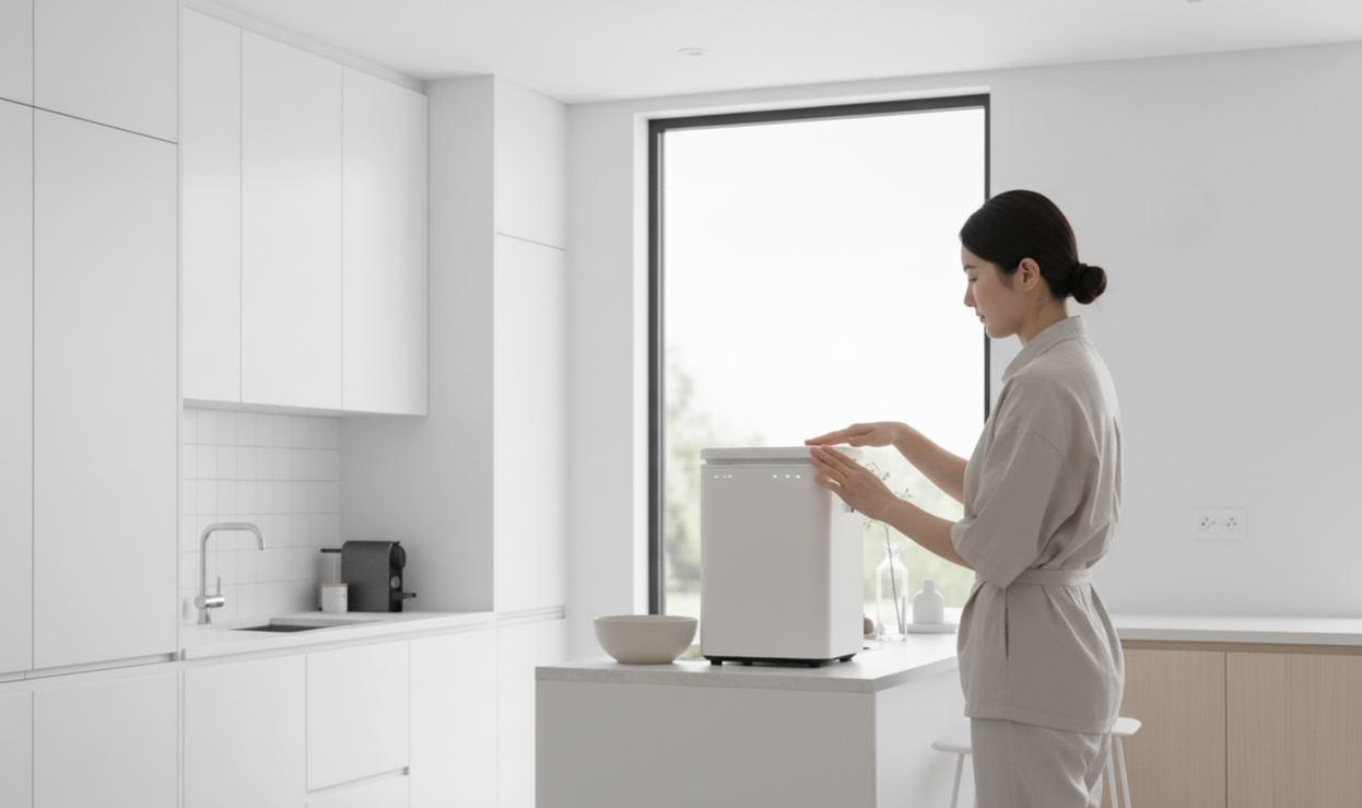 린클 이지 음식물 처리기에 음식물을 넣고 실행 시키는 장면