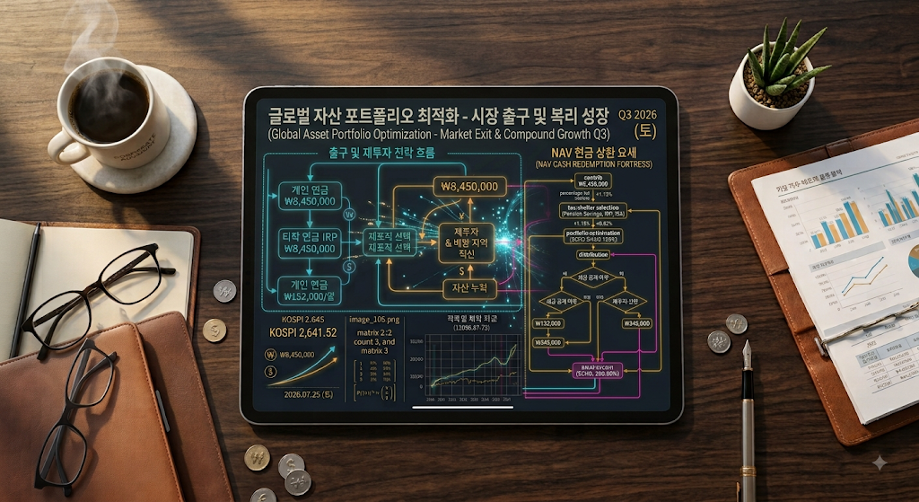 세련된 서재 테이블 위 태블릿 화면에 선명하게 정렬된 ETF 상장폐지 예고 시 정규장 매도 vs 해지상환금 수령 및 대체 패시브 ETF 스왑 프로세스 인포그래픽