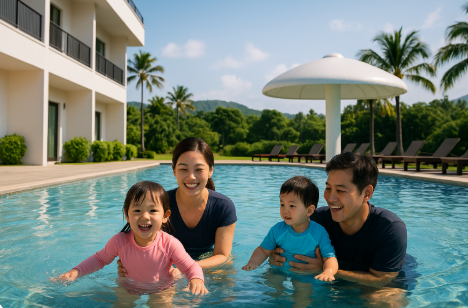 가족이 풀빌라에서 물놀이 하는 모습