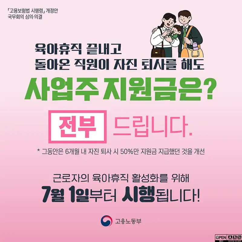 '육아휴직 근로자 '자진 퇴사' 시 사업주 지원금 100% 전액 지급' 홍보 포스터