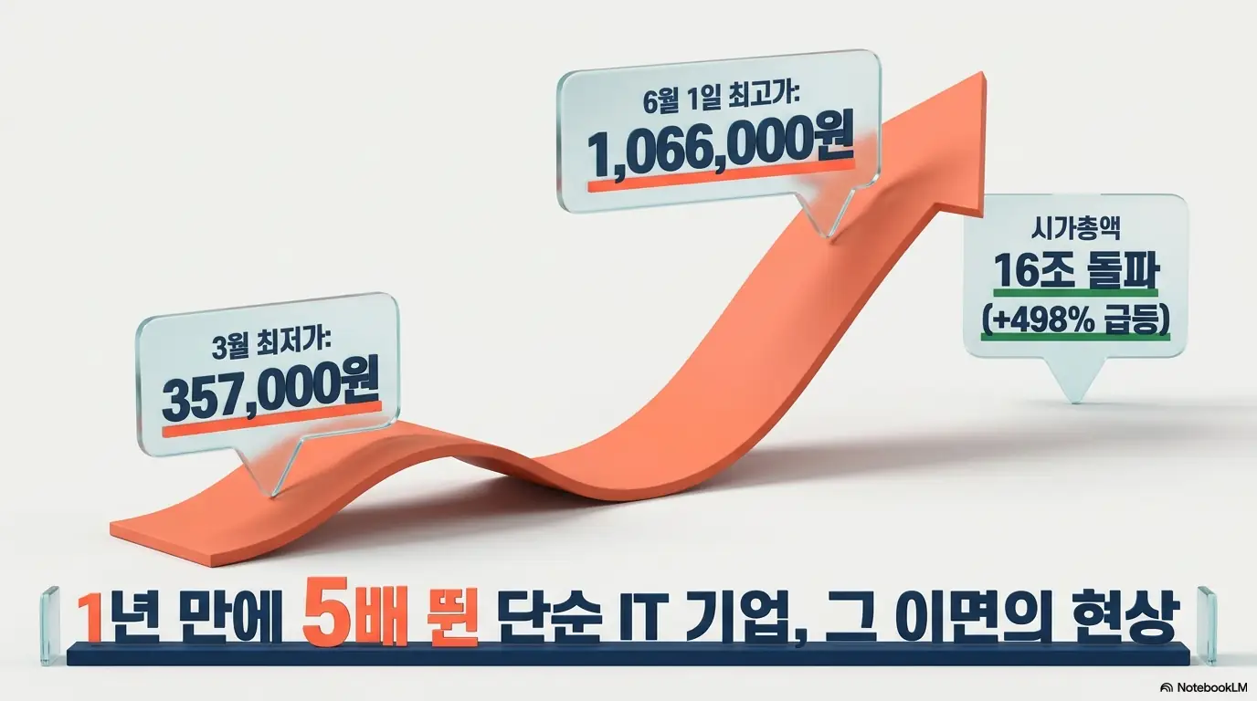 현대오토에버 주가가 3월 최저 357&amp;#44;000원에서 6월 1일 최고 1&amp;#44;066&amp;#44;000원으로 1년 만에 5배 가까이 급등하며 시가총액 16조를 돌파한 흐름을 화살표 그래프로 보여주는 이미지. 블로그의 현대오토에버 주가 급등 배경과 관련된 내용을 설명함.