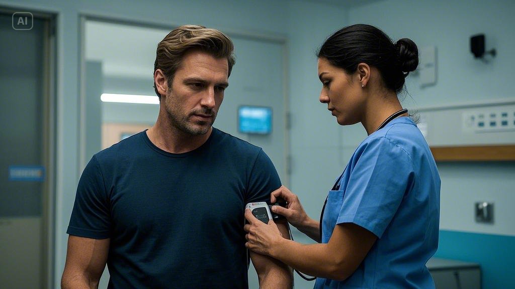 A handsome man is with a nurse for a health check-up