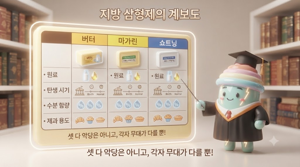 쫀쿠가 거대한 '지방 삼형제 계보도' 앞에서 최종 요약 발표를 하고 있습니다. 계보도는 원료&middot;탄생 시기&middot;주요 용도를 한눈에 비교할 수 있도록 표와 그림으로 구성되어 있습니다. 버터는 '천연 유지방&middot;기원전 8000년&middot;라미네이션', 마가린은 '식물성 기름&middot;19세기 후반&middot;일반 제과', 쇼트닝은 '순수 식물성 지방&middot;20세기 초&middot;바삭한 결'로 명확하게 정리되어 있습니다. 쫀쿠가 발표용 지시봉을 들고 자신만만하게 웃고 있습니다.