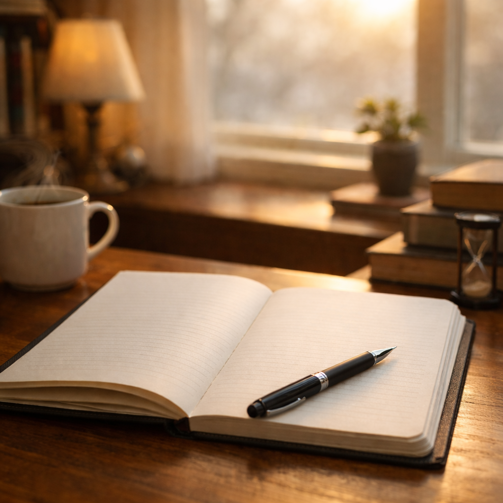 아침 햇살이 비스듬히 내려앉은 서재 책상 위, 열린 노트와 펜이 놓인 조용한 기록의 순간
