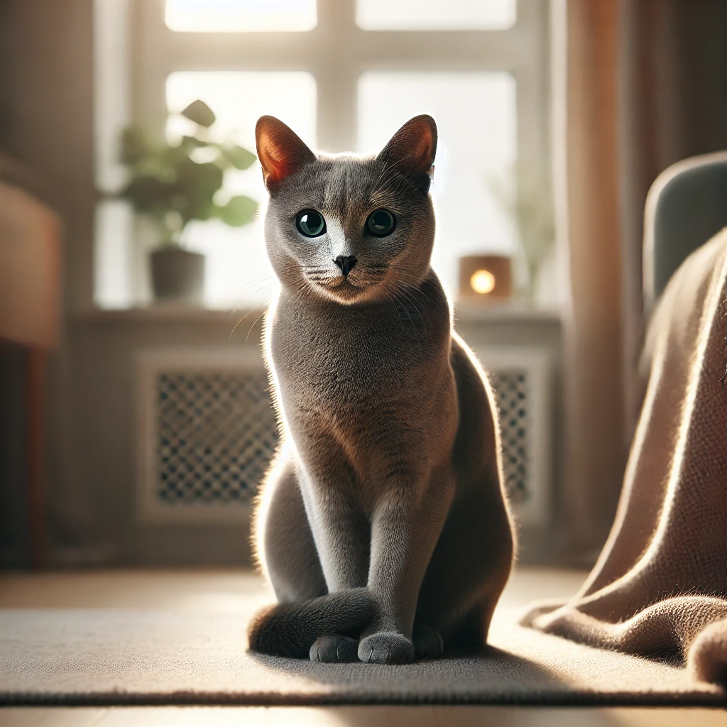 "차분하고 부드러운 실내에서 단독으로 앉아 있는 러시안 블루 고양이. 은빛 짧은 털과 선명한 녹색 눈이 특징이며, 자연광이 은은하게 비추는 창가 옆에서 고요한 분위기를 연출하고 있음.