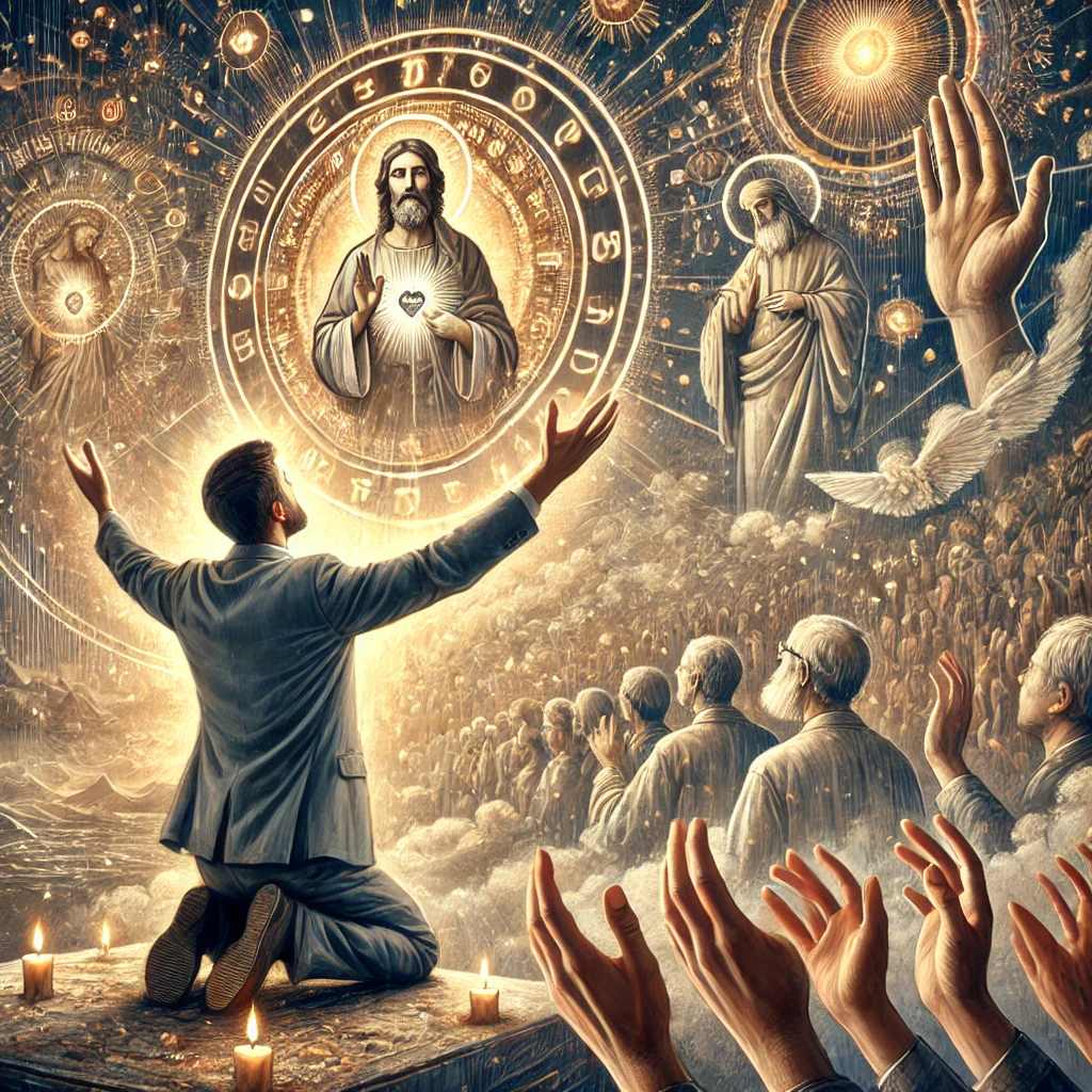 Here is the detailed and inspiring image showing a person in deep prayer and worship, inspired by Psalm 68:1 and 68:19. The scene depicts the individual praising God with an uplifted heart, surrounded by challenging circumstances, and reaching out to God for intervention and help.