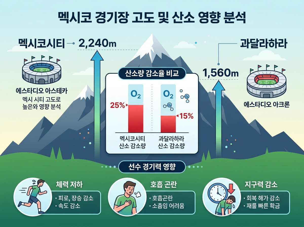멕시코 고지대 경기장 해발 고도 산소 영향 인포그래픽