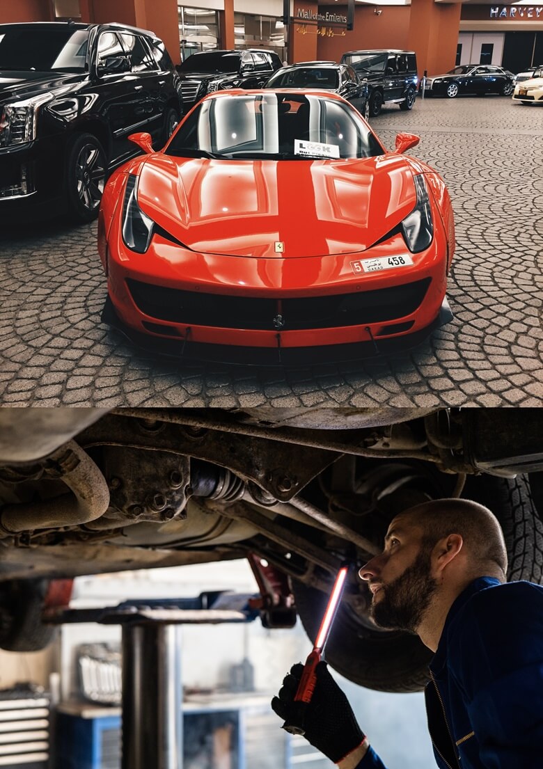 위쪽사진은 빨간색 포르쉐 신차로 정면을 바라보고 있고 아래쪽사진은 정비사가 차량 하부를 조명으로 비추며 어디가 문제가 있는지 살펴보는 모습