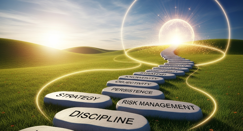 A pathway made of stepping stones labeled with words like 'Discipline', 'Patience', 'Strategy', 'Objectivity' leading towards a glowing goal representing financial stability. The style is uplifting and metaphorical.