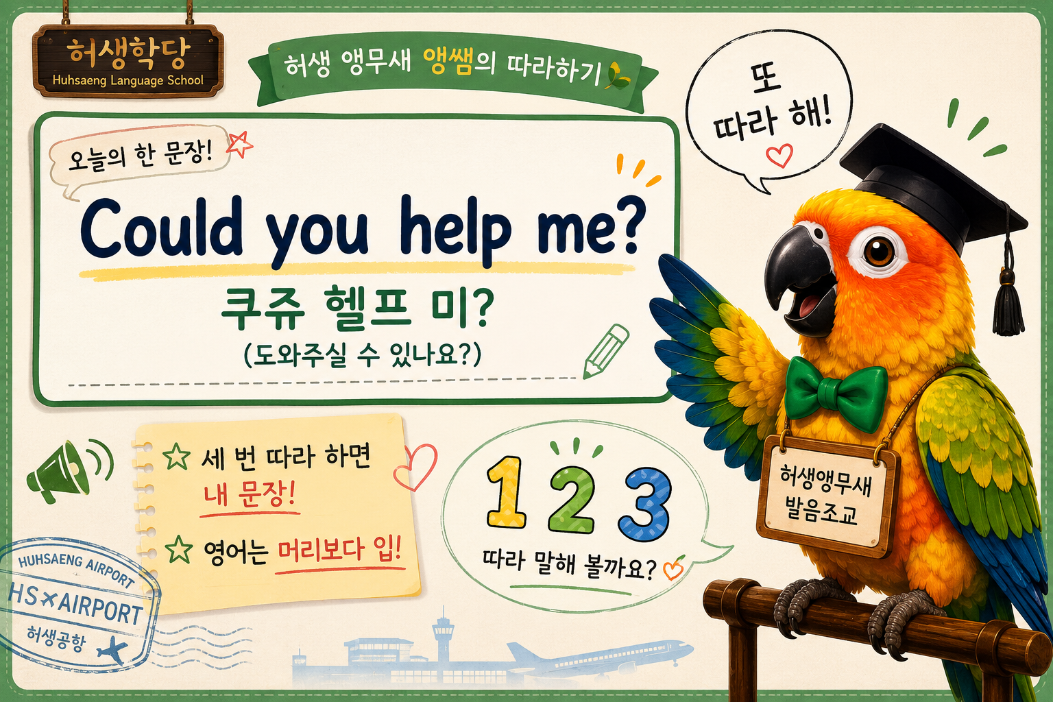 허생학당 공식 발음조교 허생앵무새 앵쌤이 공항 영어 문장 "Could you help me?"를 가르치며 학우들에게 따라 말하기를 안내하는 모습