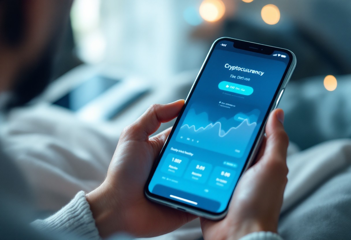 휴대폰으로 암호화폐 앱을 확인하는 사람