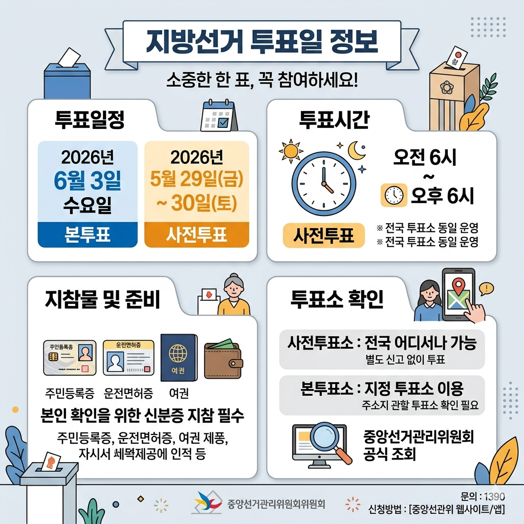 2026 지방선거 투표일 사전투표 일정과 투표시간 인포그래픽