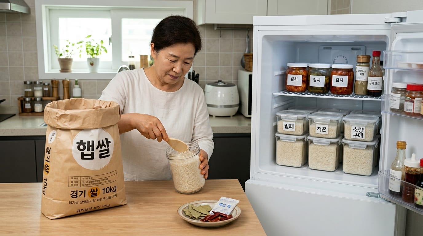 밀폐용기에 담은 쌀을 냉장 보관하는 모습