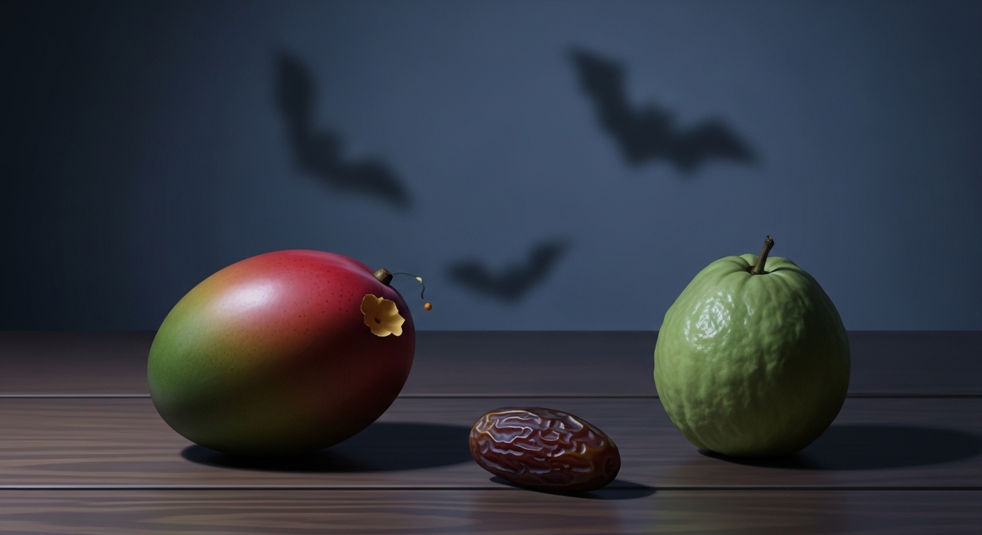 박쥐에 의해 훼손된 듯한 과일들이 놓여 있는 모습. 니파바이러스 감염 위험이 있는 오염된 음식물에 대한 경고를 나타냅니다.