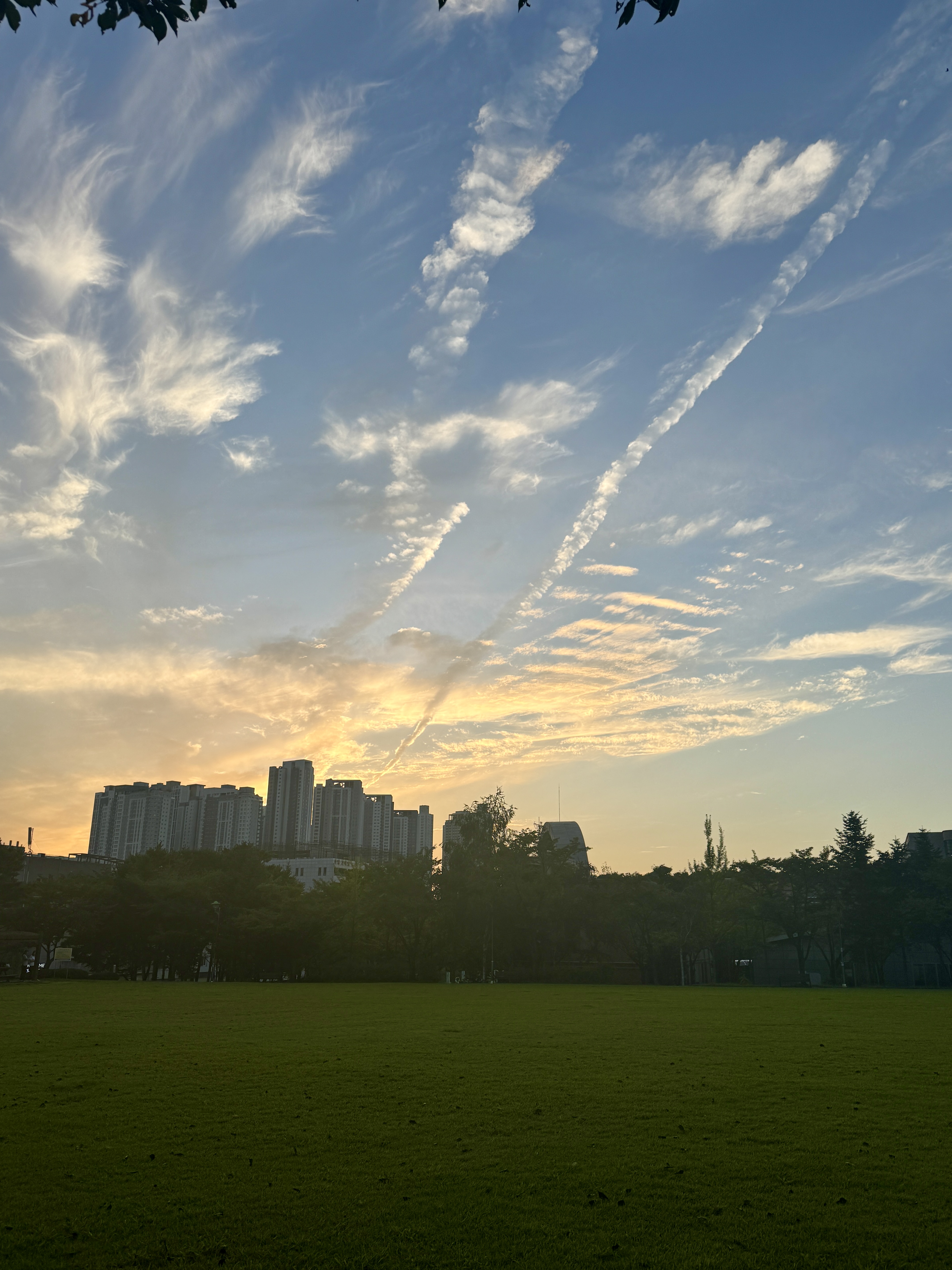 강남대 근처 공원에서 바라본 가을 저녁 하늘 – 아파트 단지 위로 펼쳐진 노을빛과 구름 풍경