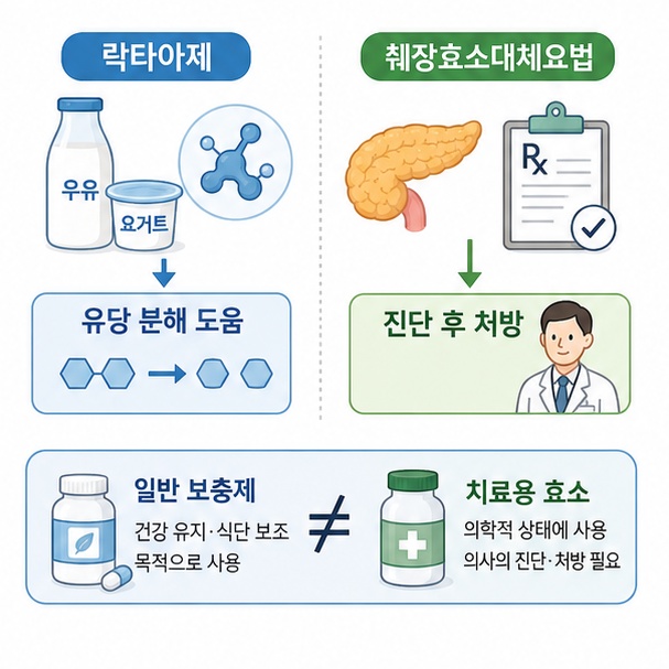 락타아제와 췌장효소대체요법을 비교해 일반 효소 보충제와 치료용 효소의 차이를 설명한 이미지