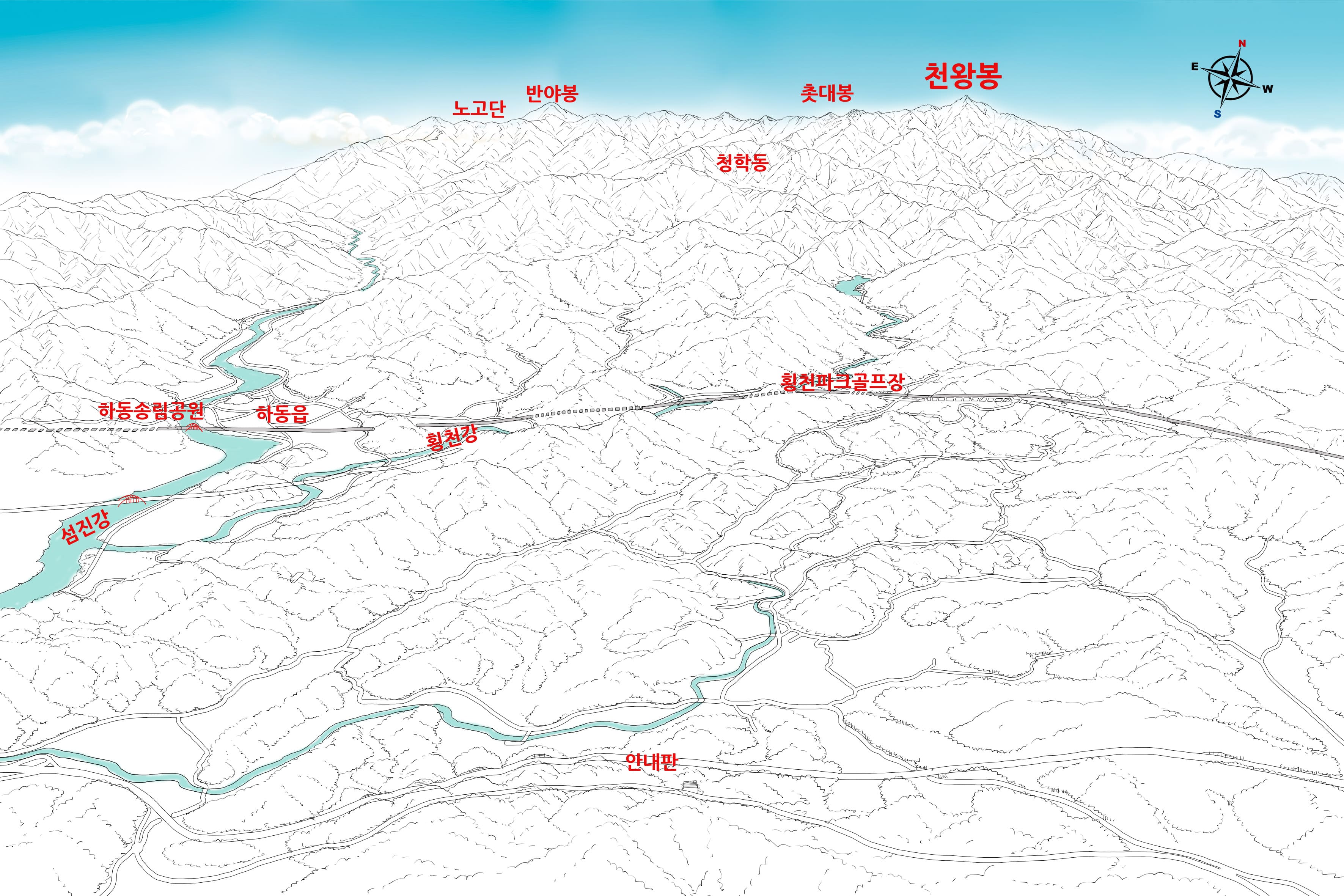 수채화풍 채색이 더해진 금오산 파노라마 조망 안내도 2차 스케치