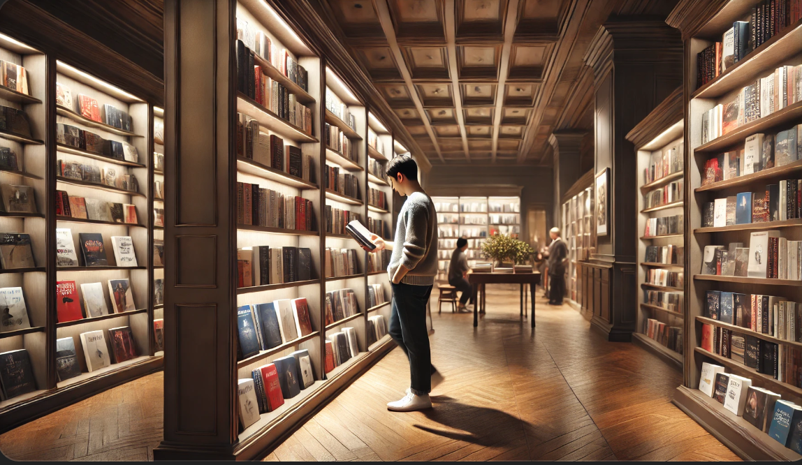 서점에서 책을 고르고 있는 사람의 모습이 담긴 사실적 이미지.