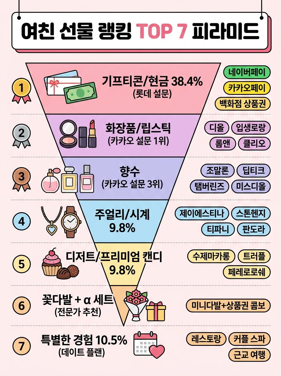 2026 화이트데이 여자친구 선물 순위 TOP 7 피라미드 랭킹: 1위 상품권·현금(38.4%), 2위 화장품·립스틱(카카오 1위), 3위 향수, 4위 주얼리·시계(9.8%), 5위 디저트·프리미엄 캔디, 6위 꽃다발+α 세트, 7위 특별한 경험. 각 순위별 대표 브랜드와 근거 데이터를 포함한 인포그래픽