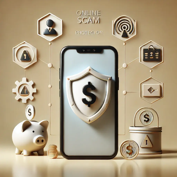 온라인 거래 사기 예방을 상징하는 다양한 아이템이 깔끔하게 배치된 스튜디오 촬영 이미지