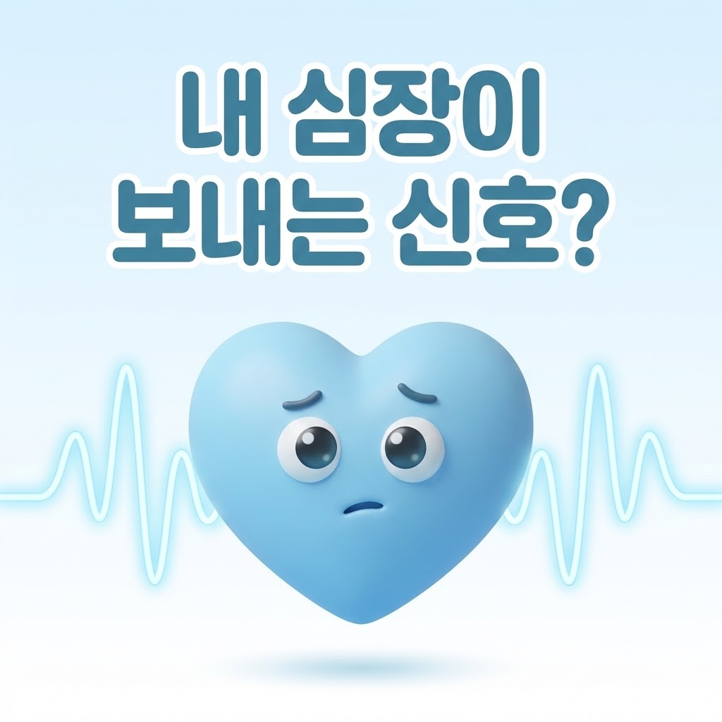 심장이 불안하게 뛰는 귀여운 캐릭터와 '내 심장이 보내는 신호?' 문구가 있는 3D 카툰 일러스트.