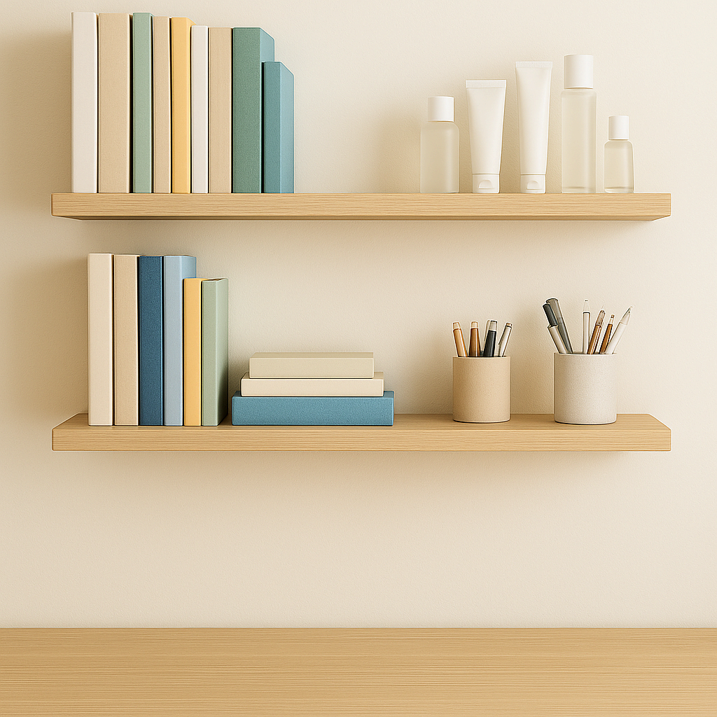 원룸 책상 위 벽면 선반에 책과 문구류가 정리되고 책상 위는 비워진 모습