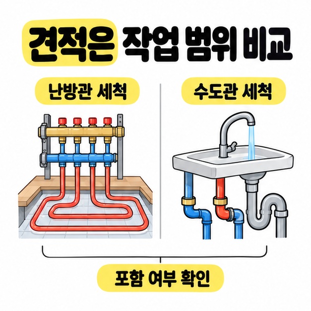 분배기와 바닥 난방관 세척을 수도꼭지와 수도관 세척에 나란히 비교하고 견적 포함 여부를 확인하도록 안내한 도식