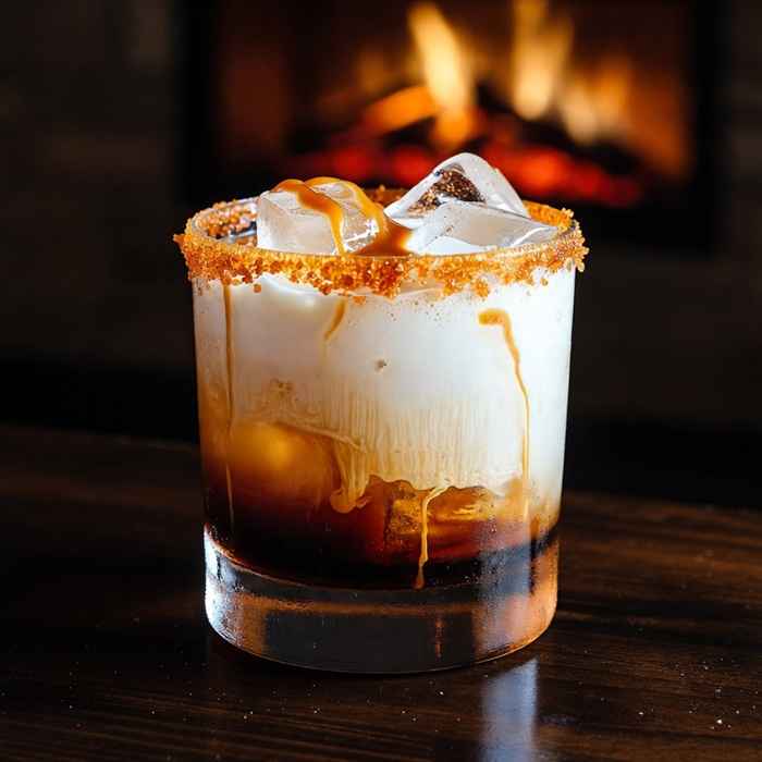 캐러멜 드리즐과 층이 나뉜 모습이 먹음직스러운 솔티드 캐러멜 화이트 러시안 완성 사진