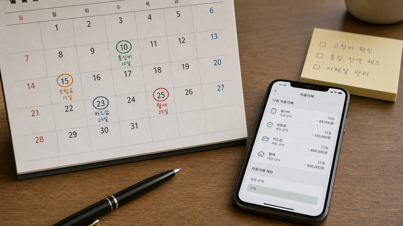 월세 통신비 보험료 카드값 자동이체 출금일을 표시한 달력