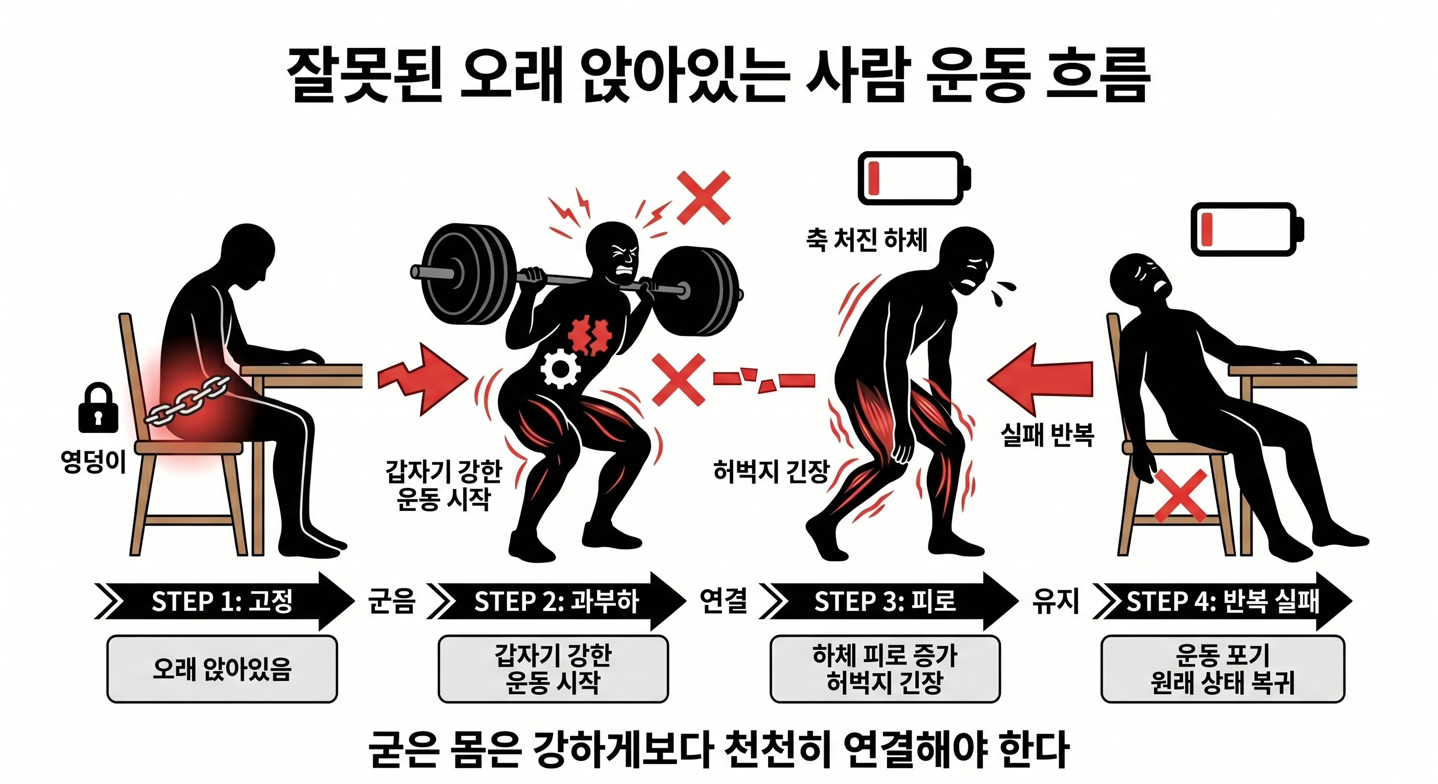 잘못된 오래 앉아있는 사람 운동 흐름