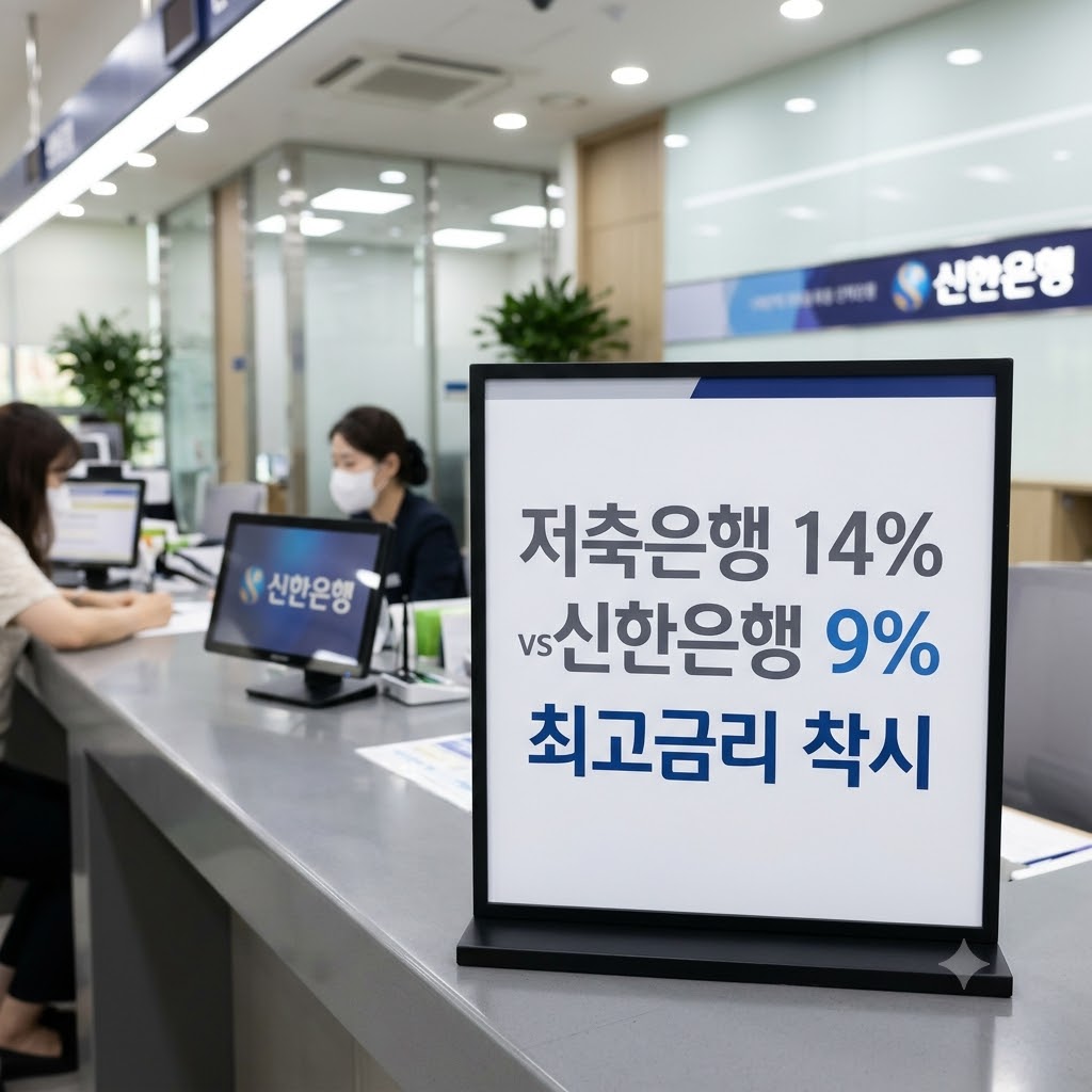 저축은행 14% vs 신한은행 9% 최고금리 착시 문구가 적힌 안내판이 놓인 은행 창구 실사 이미지입니다.