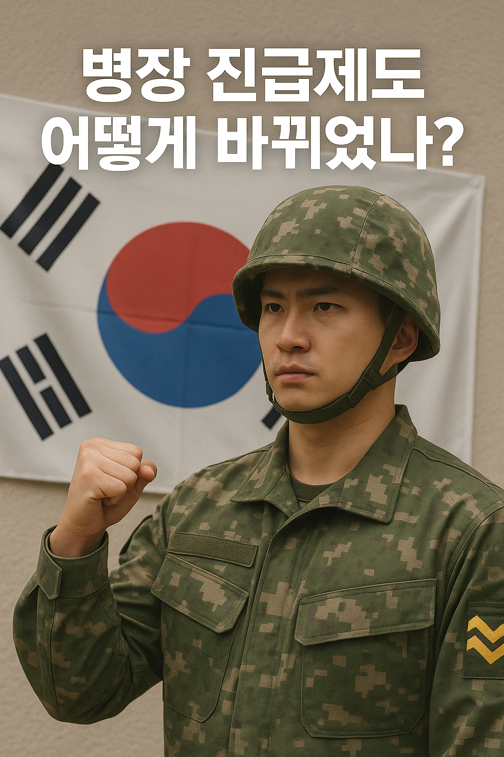태극기 앞에서 주먹을 쥐고 선 한국 육군 병사, 상단에 '병장 진급제도 어떻게 바뀌었나?'라는 문구 포함된 실사형 이미지