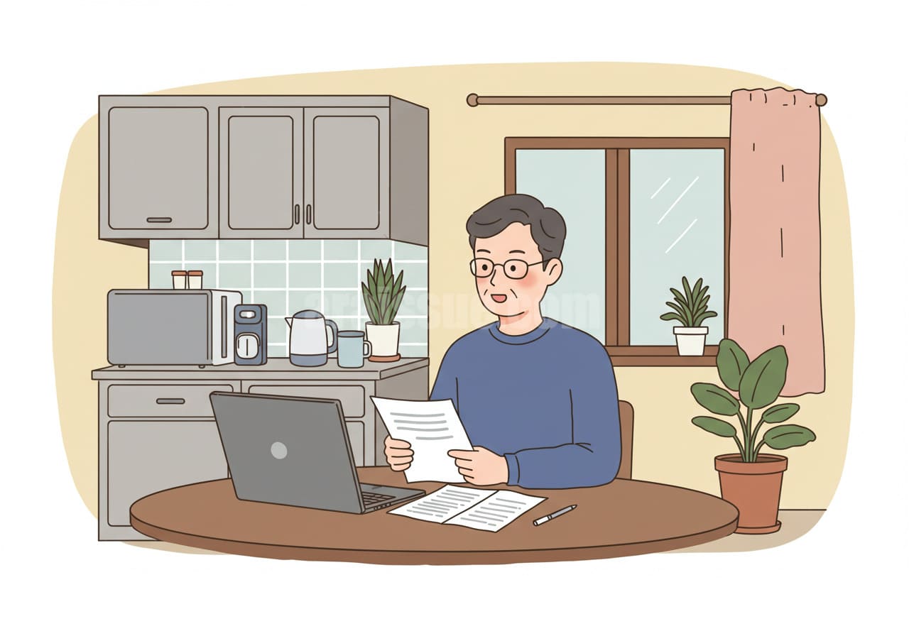 건강보험 서류를 살펴보는 한국 중년 남성이 주방 식탁에 앉아 있는 장면. 배경은 창문, 식물, 수납장, 생활용품 등으로 가득 채워진 따뜻한 가정집 내부 모습.