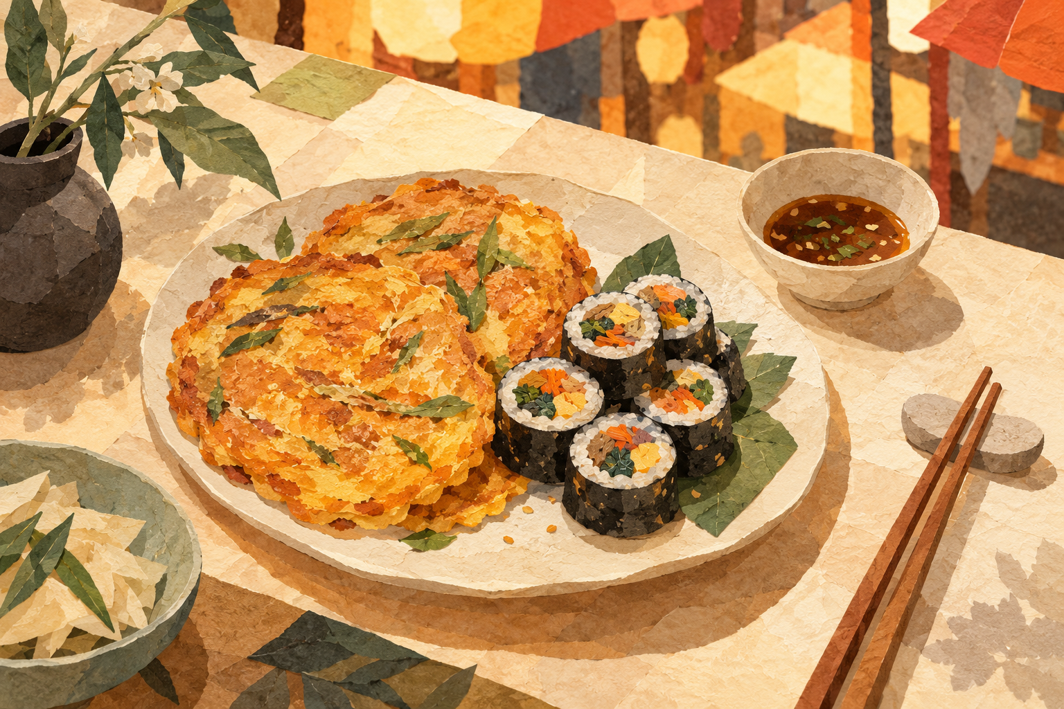 A warm paper-collage illustration of golden pancake-like rounds and seaweed rice rolls on a ceramic plate, with a dipping bowl and chopsticks.