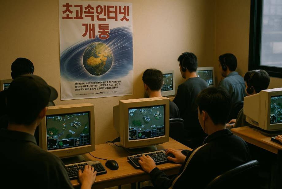 1990년대 PC방 문화와 한국의 초고속 인터넷 시대를 상징하는 장면
