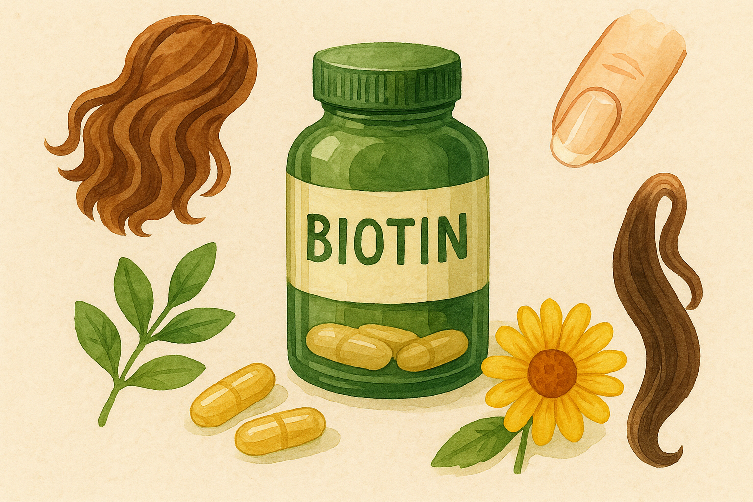 비오틴 캡슐, 건강한 모발, 단단한 손톱이 있다.