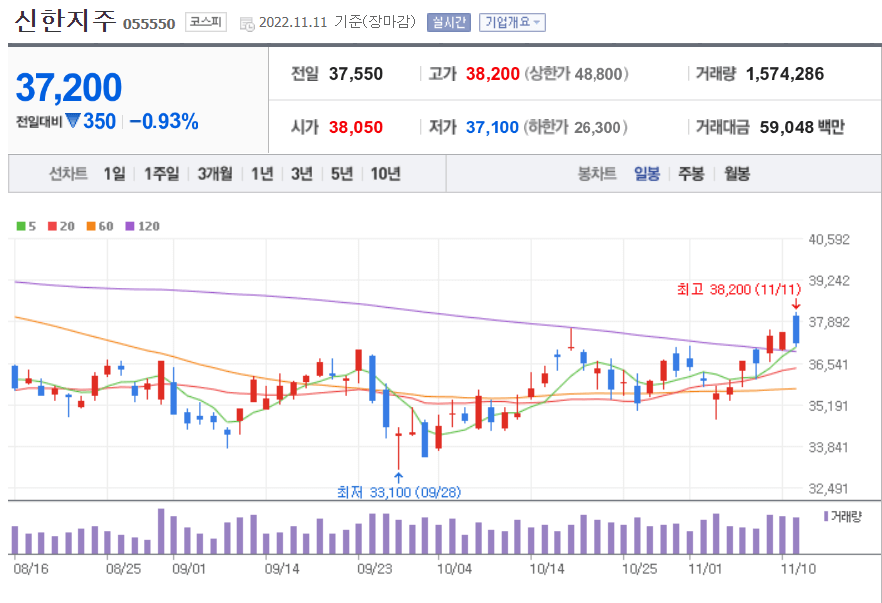 신한지주 일봉 이미지