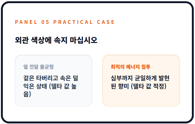 열 전달 불균형으로 겉만 타고 속은 덜 익은 경우(델타 값 높음)와 최적의 에너지 침투로 속까지 균일하게 발현된 경우(델타 값 적정)를 대조함. 외관 색상에 의존하는 로스팅의 위험성을 경고함.
