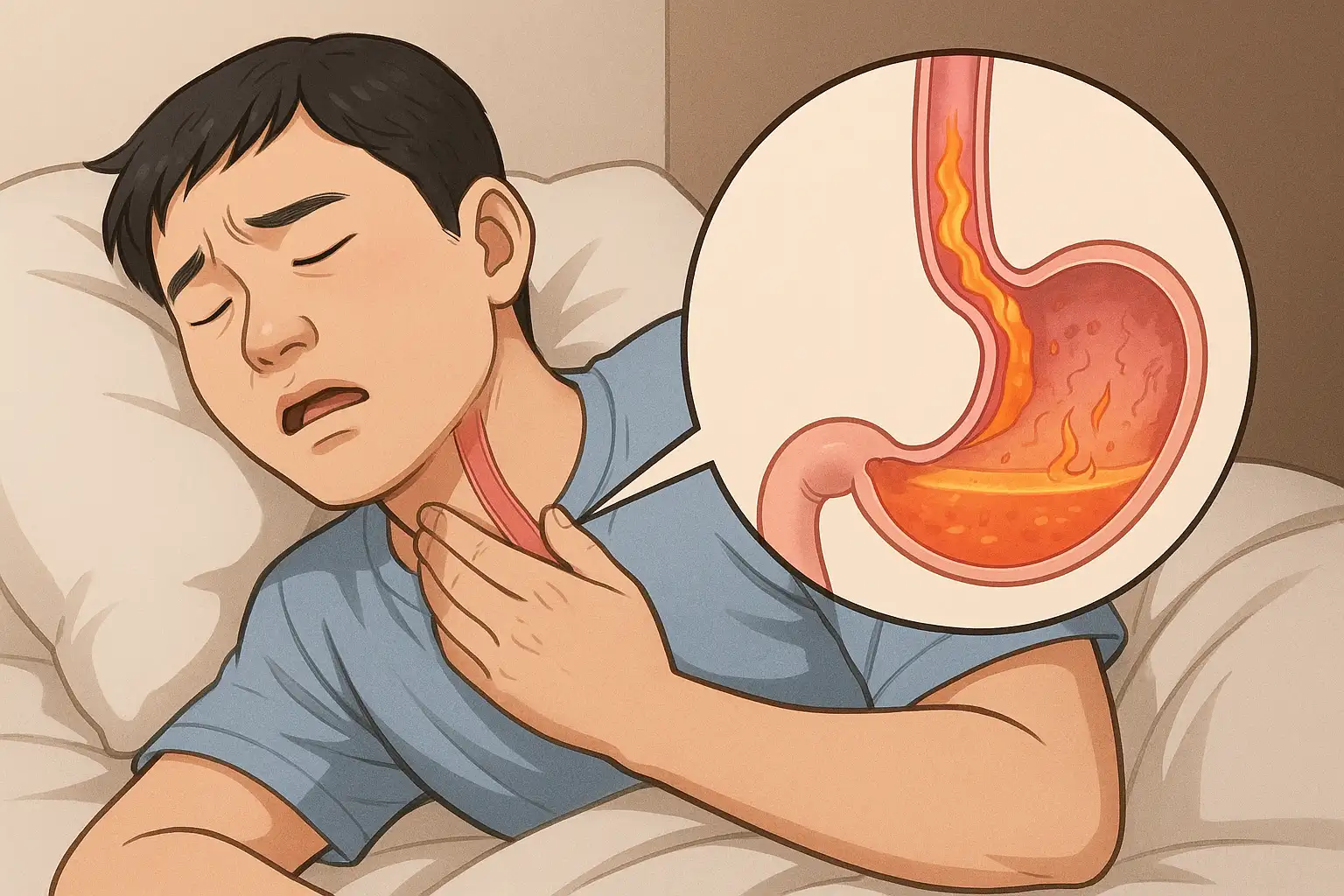 자는 동안 위산이 식도를 타고 올라와 목을 자극하는 장면
