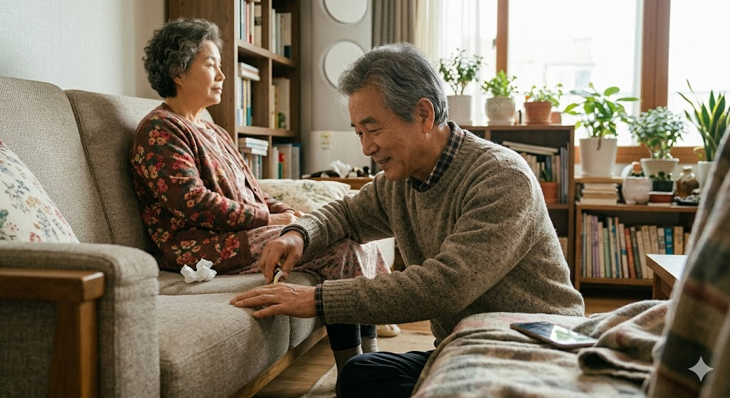 치매 환자 아내가 숨긴 물건을 부드럽게 찾는 가족 보호자의 모습