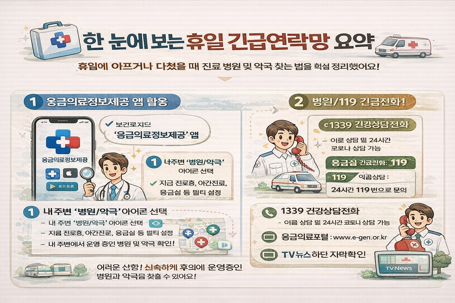 주말 공휴일 진료 병원 찾는 법과 응급의료포털 이용 방법 요약