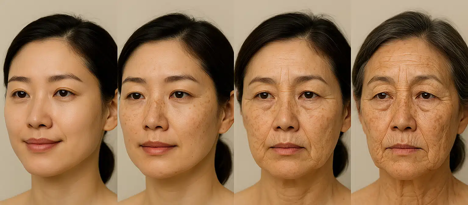 오랜 세월 동안 햇볕에 노출된 얼굴의 변화를 연대별로 보여주는 일러스트