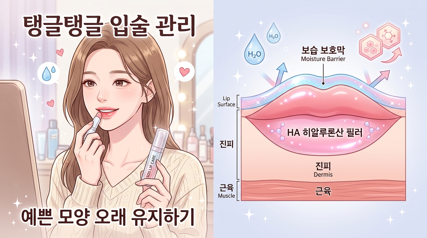 필러 시술 후 도톰하고 건강해진 입술에 순한 보습제를 부드럽게 바르는 모습과, 입술 단면의 필러 조직이 촉촉하게 보호되고 있는 모습을 시각화함. '탱글탱글 입술 관리'와 '예쁜 모양 오래 유지하기'라는 한글 문구가 적혀 있어 시술 후 관리의 중요성을 강조함.