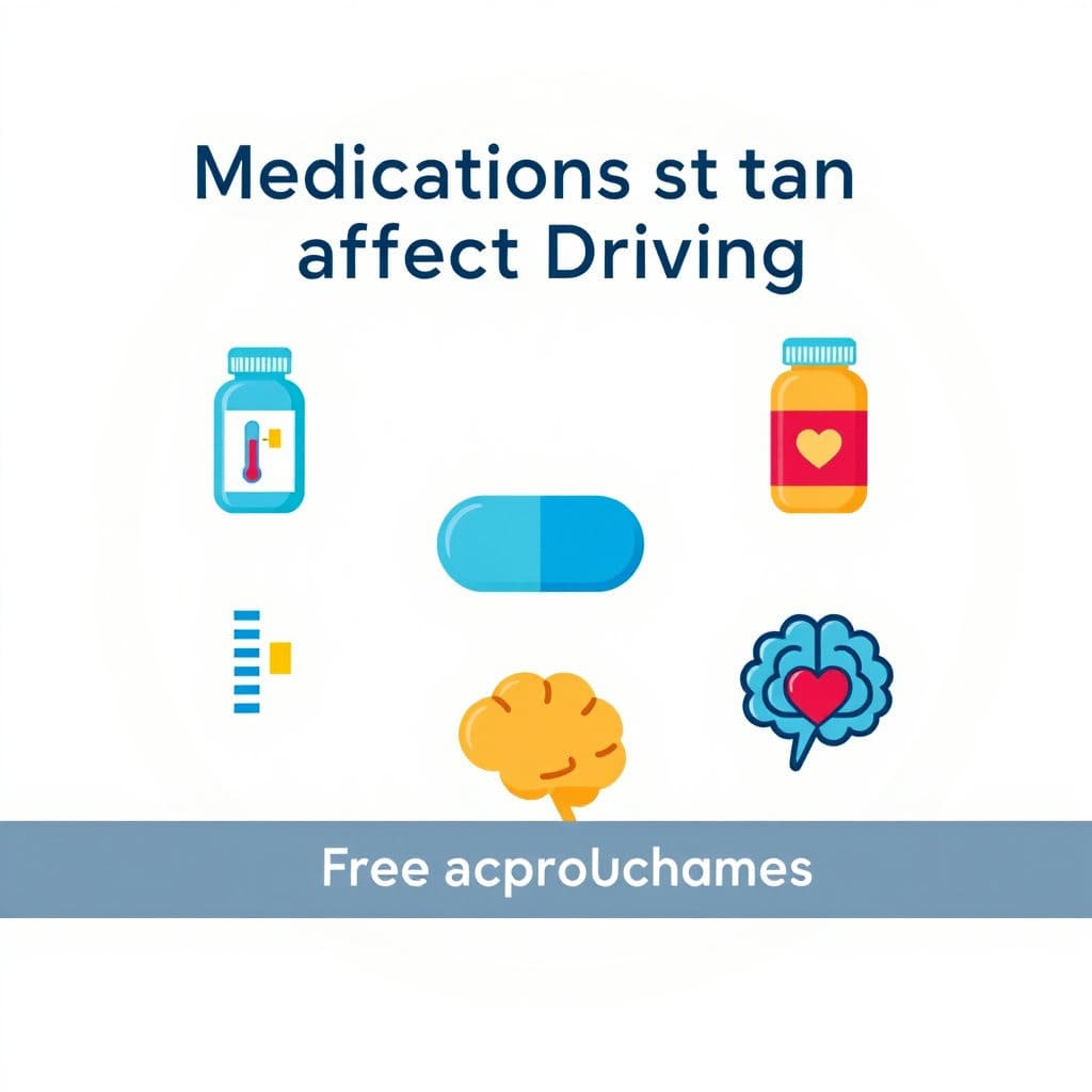 비염약이나 신경안정제처럼 일상적으로 복용하는 약물도 운전에 영향을 줄 수 있음을 다양한 아이콘으로 보여줍니다.