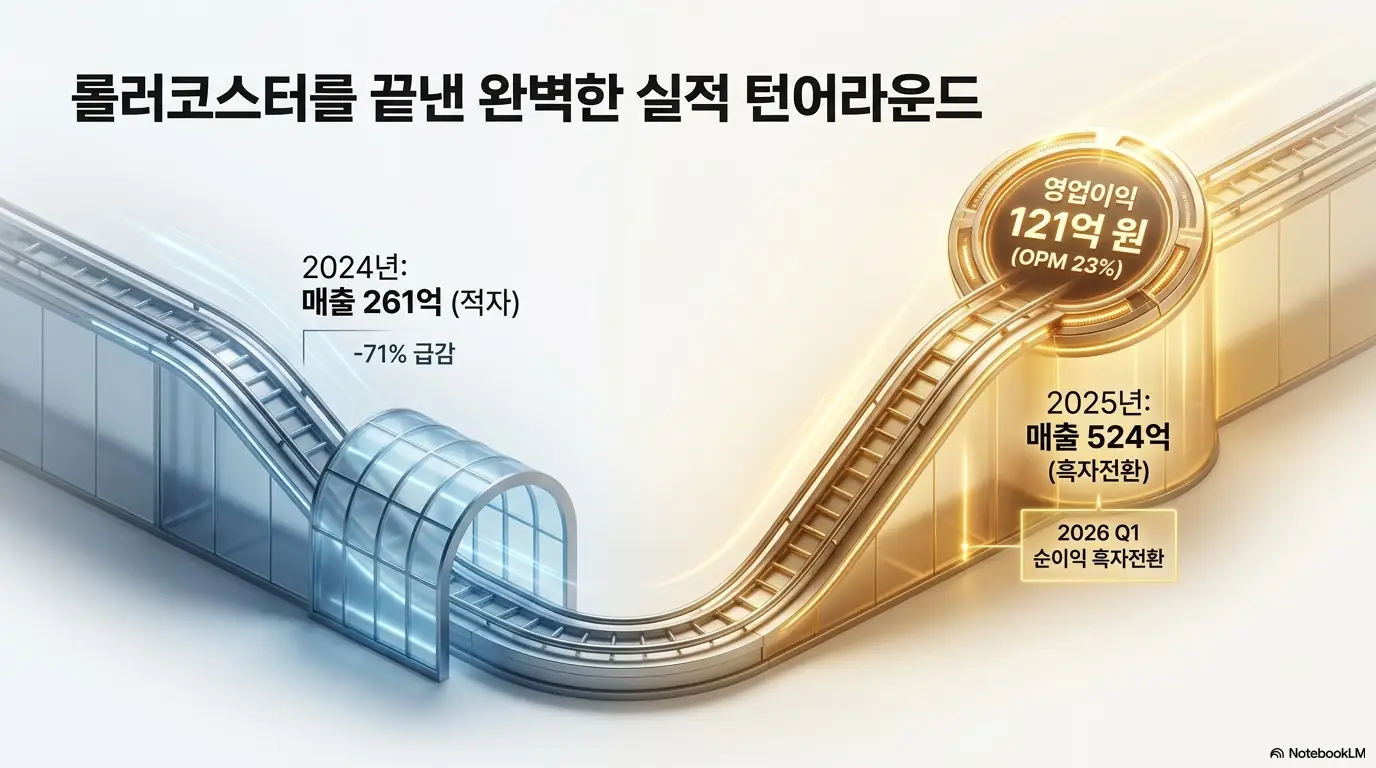 기가비스 주가 전망: 기가비스 실적 턴어라운드를 롤러코스터 형태로 표현한 이미지. 2024년 매출 261억 원 적자, 71% 급감 구간을 지나 2025년 매출 524억 원 흑자전환, 영업이익 121억 원, 2026년 1분기 순이익 흑자전환으로 회복되는 흐름을 시각적으로 설명합니다.