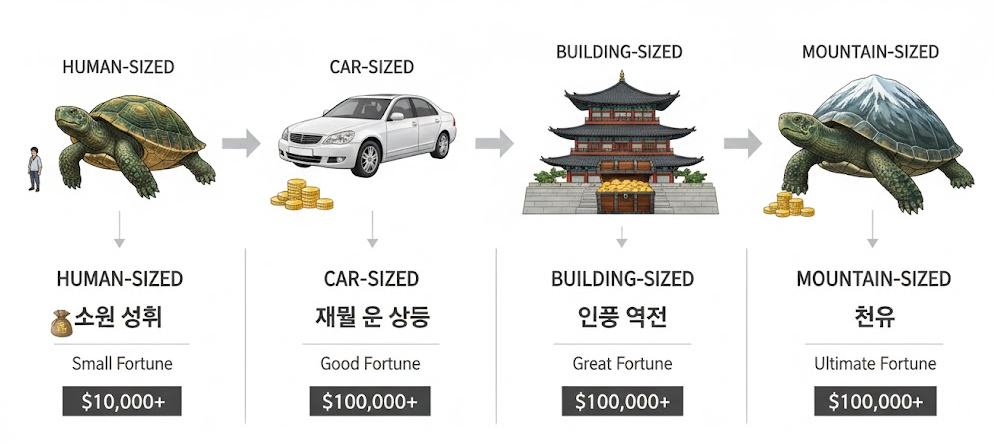 거북이 크기별 행운의 규모 - 사람부터 산만한 크기까지